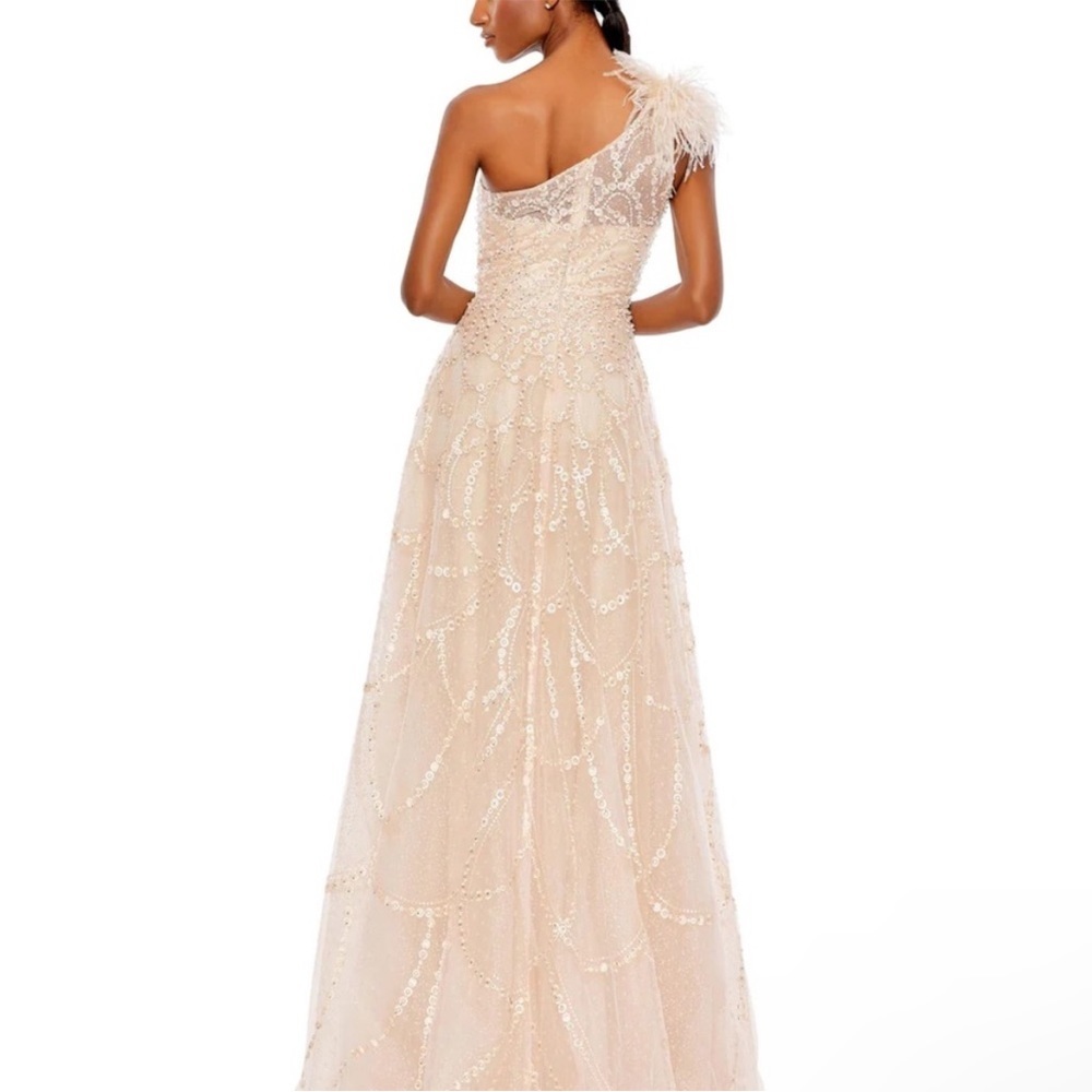 Mac Duggal Feather One‎ Shoulder A Line Peach Evening Gown Dress 20389 - Picture 3 of 8